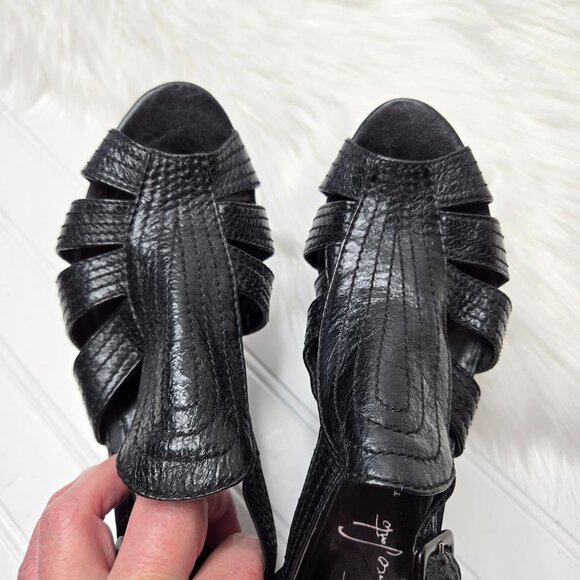Franco Sarto Women's Size 7 M Black Leather Wedge Sandals Heels Peep Toe Buckle - Picture 10 of 11